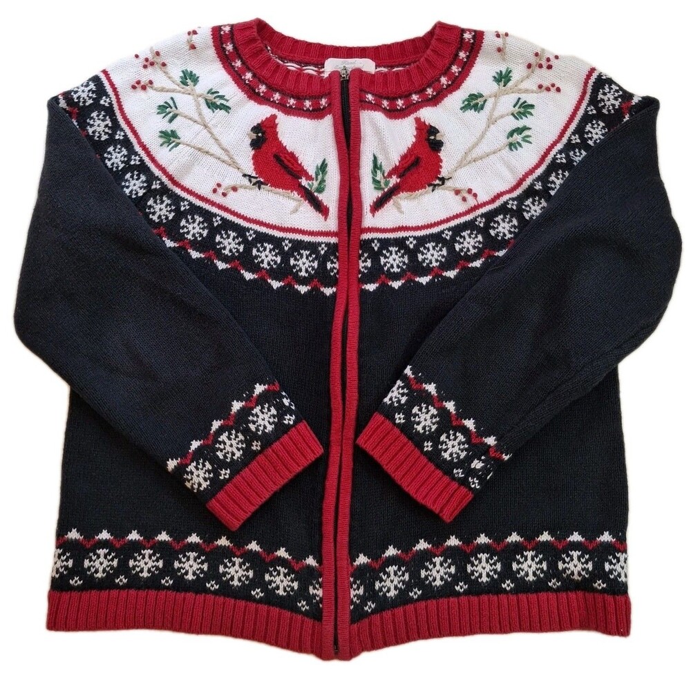 CJ Banks Sz M Hand Embroidered Cardinal Winter Snow Zip Cardigan Sweater Womens